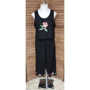 Vintage Paradiso Crop Top Shirt & Pants Set Women’s Small S Rayon Crepe Black